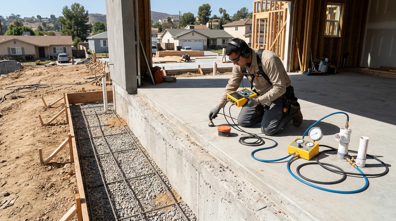 Plumber testing residential foundation with acoustic leak detection equipment in Bryan Texas